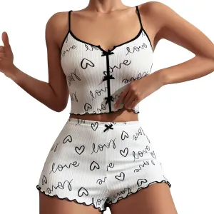 Women 2 Piece Pajamas Set Womens Graphic Pajama Set Summer Cute Crop and Shorts Ribbed Sleepwear Loungewear with
