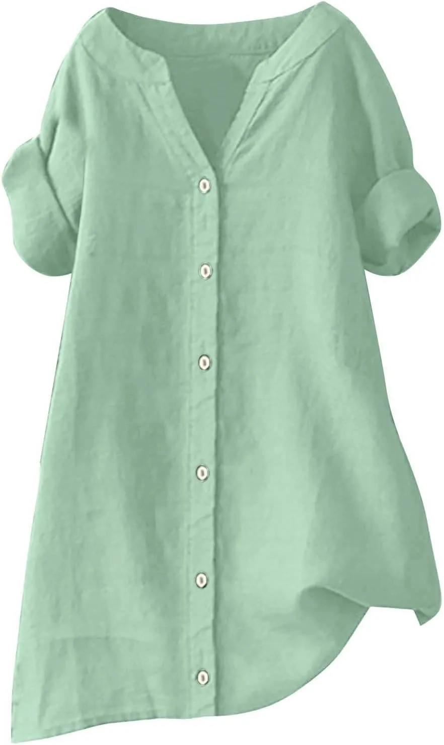 Women Button Up Shirt Plain Long Sleeve Linen Summer Casual Business Blouses Top Loose T-Shirt