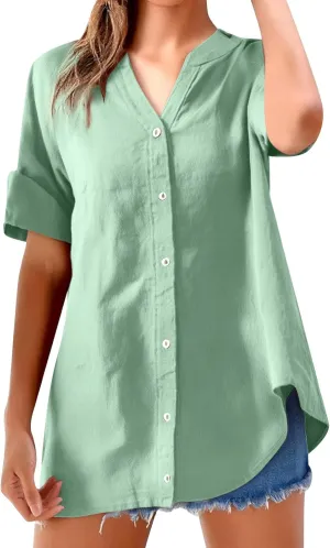 Women Button Up Shirt Plain Long Sleeve Linen Summer Casual Business Blouses Top Loose T-Shirt