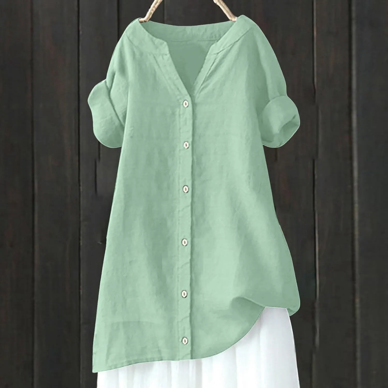 Women Button Up Shirt Plain Long Sleeve Linen Summer Casual Business Blouses Top Loose T-Shirt