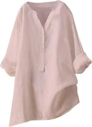 Women Button Up Shirts V-Neck Long Sleeve Linen Summer Casual Dressy Blouse Top Loose Fit T-Shirt