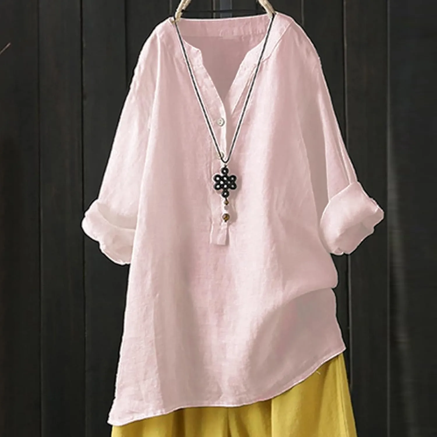 Women Button Up Shirts V-Neck Long Sleeve Linen Summer Casual Dressy Blouse Top Loose Fit T-Shirt