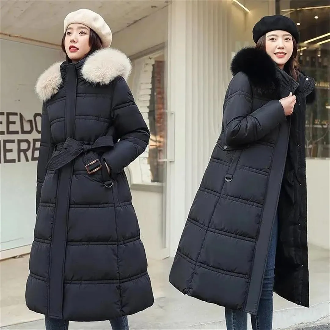 Women Cotton Padded Coat Thicken Warm Down Cotton Parkas Winter Jacket Long Warm Puffer Coat With Belt Overcoat
