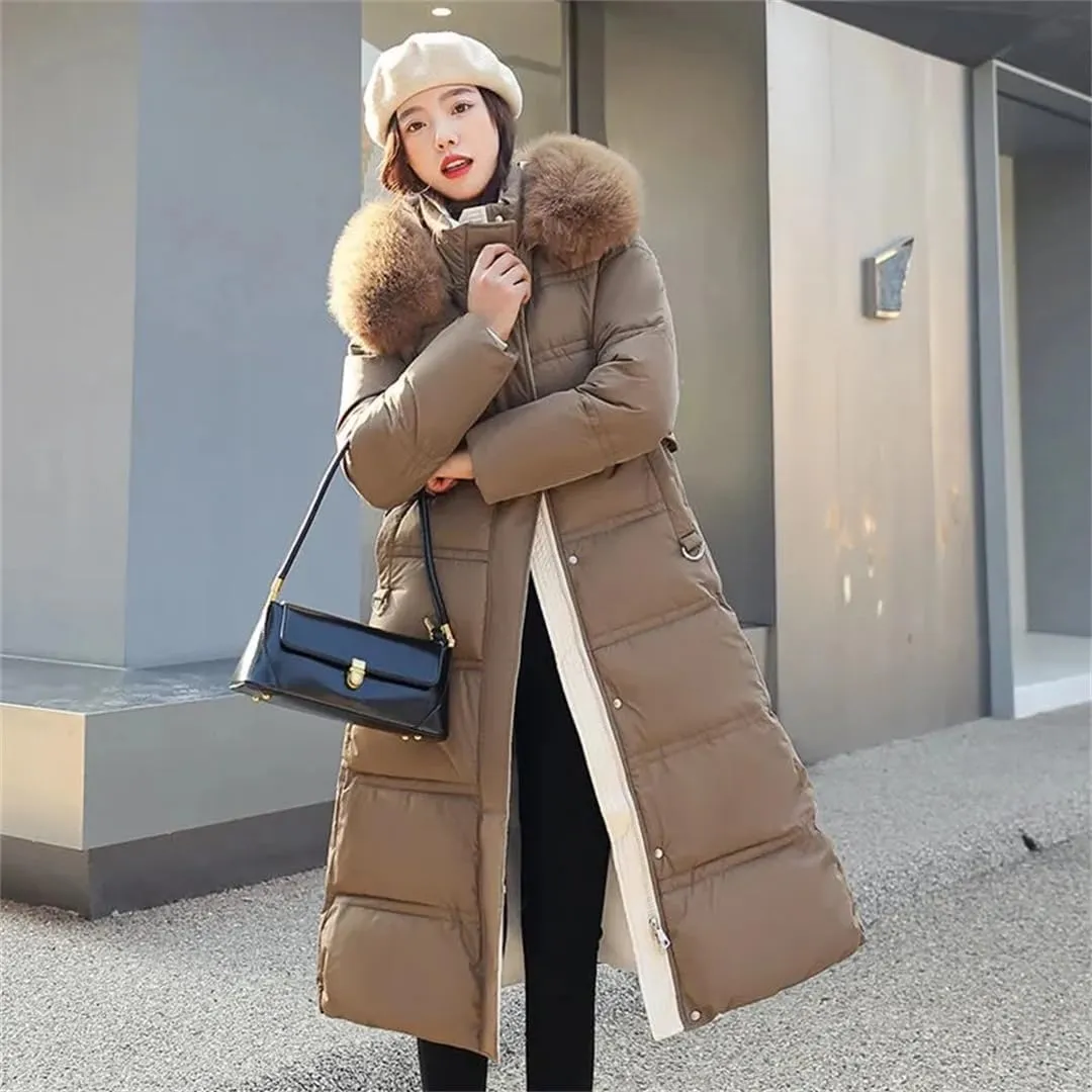 Women Cotton Padded Coat Thicken Warm Down Cotton Parkas Winter Jacket Long Warm Puffer Coat With Belt Overcoat