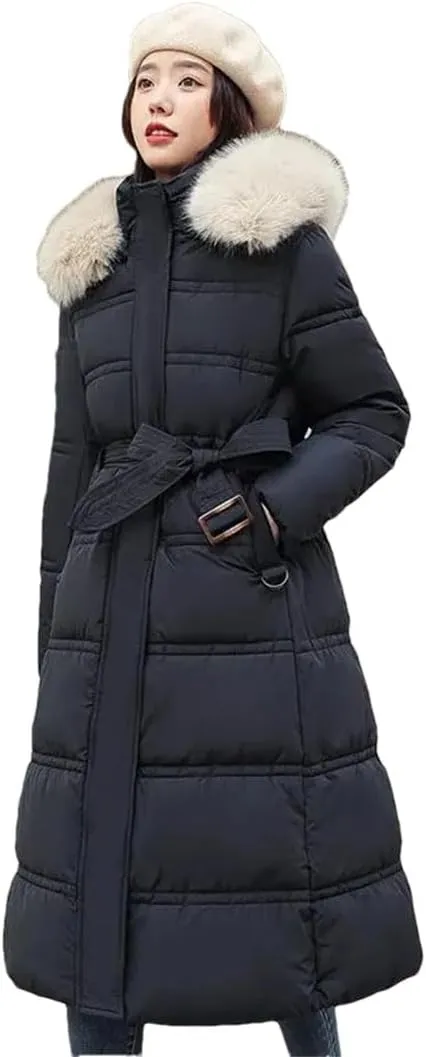 Women Cotton Padded Coat Thicken Warm Down Cotton Parkas Winter Jacket Long Warm Puffer Coat With Belt Overcoat