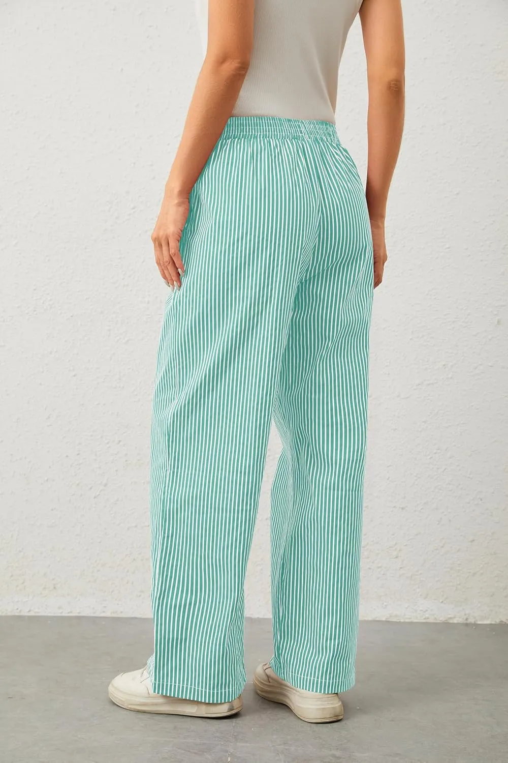 Women Elastic Waist Striped Pants Y2K Wide Leg Striped Print Trousers Low Waist Striped Lounge Pants with Pockets