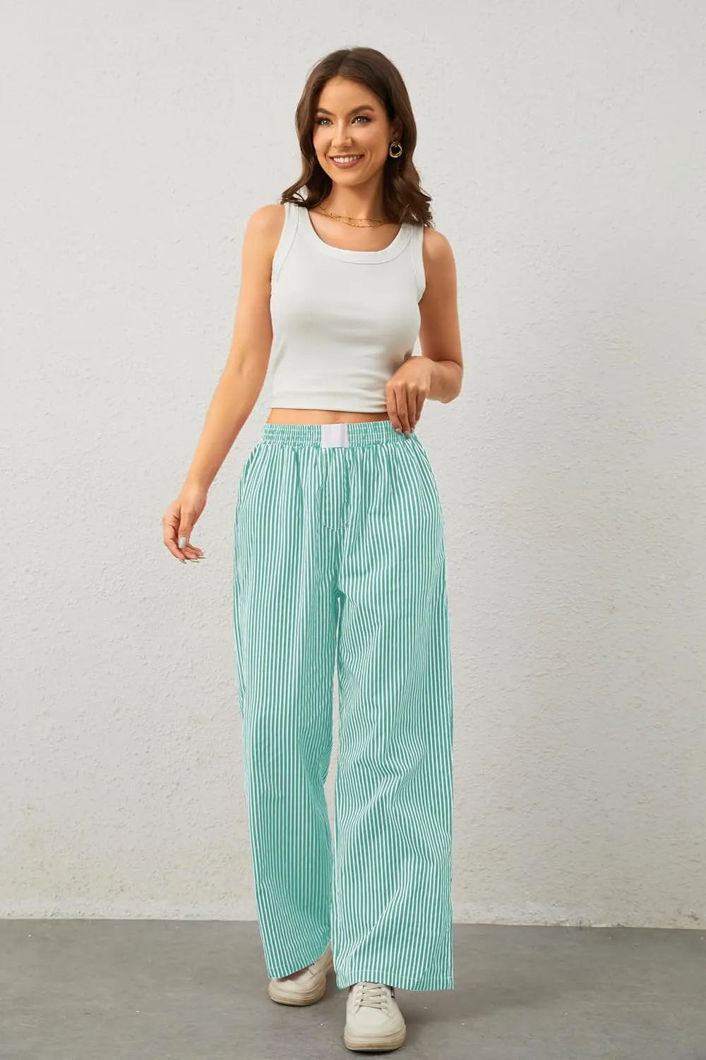 Women Elastic Waist Striped Pants Y2K Wide Leg Striped Print Trousers Low Waist Striped Lounge Pants with Pockets