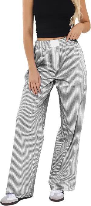 Women Elastic Waist Striped Pants Y2K Wide Leg Striped Print Trousers Low Waist Striped Lounge Pants with Pockets