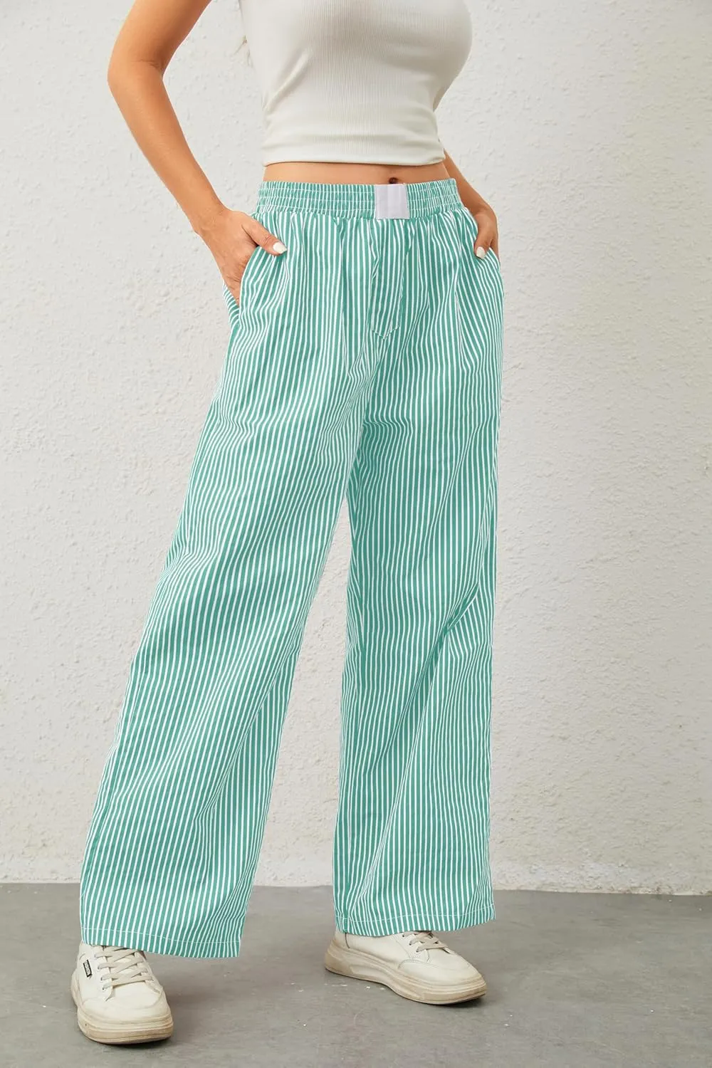 Women Elastic Waist Striped Pants Y2K Wide Leg Striped Print Trousers Low Waist Striped Lounge Pants with Pockets
