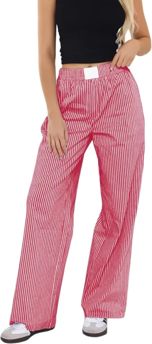 Women Elastic Waist Striped Pants Y2K Wide Leg Striped Print Trousers Low Waist Striped Lounge Pants with Pockets