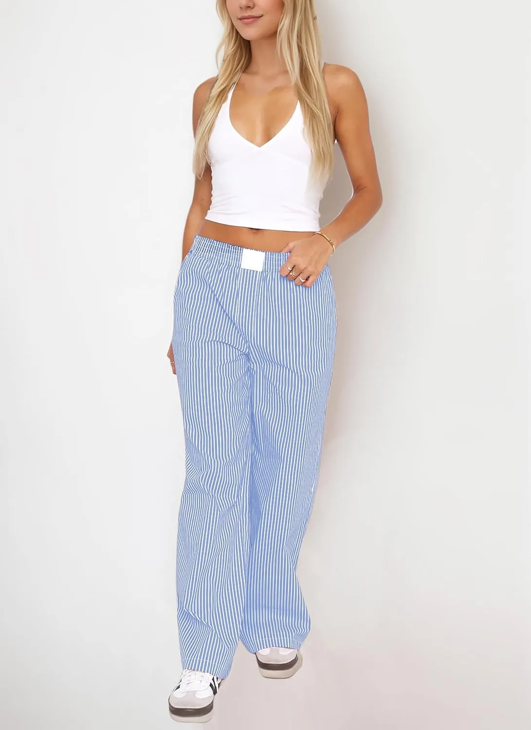 Women Elastic Waist Striped Pants Y2K Wide Leg Striped Print Trousers Low Waist Striped Lounge Pants with Pockets