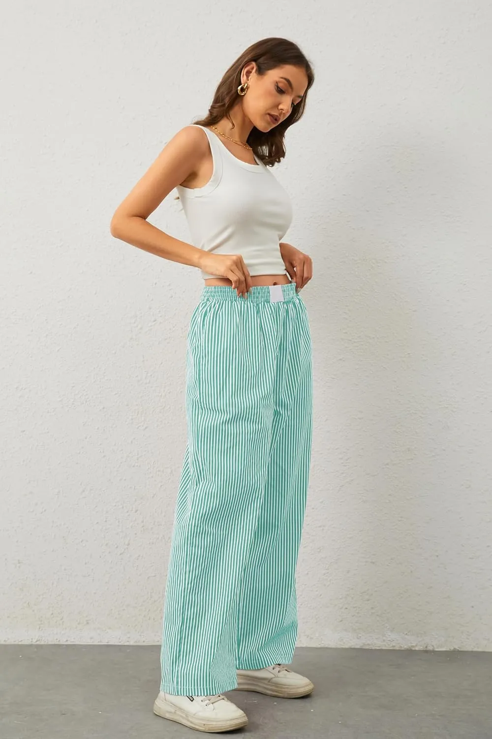 Women Elastic Waist Striped Pants Y2K Wide Leg Striped Print Trousers Low Waist Striped Lounge Pants with Pockets