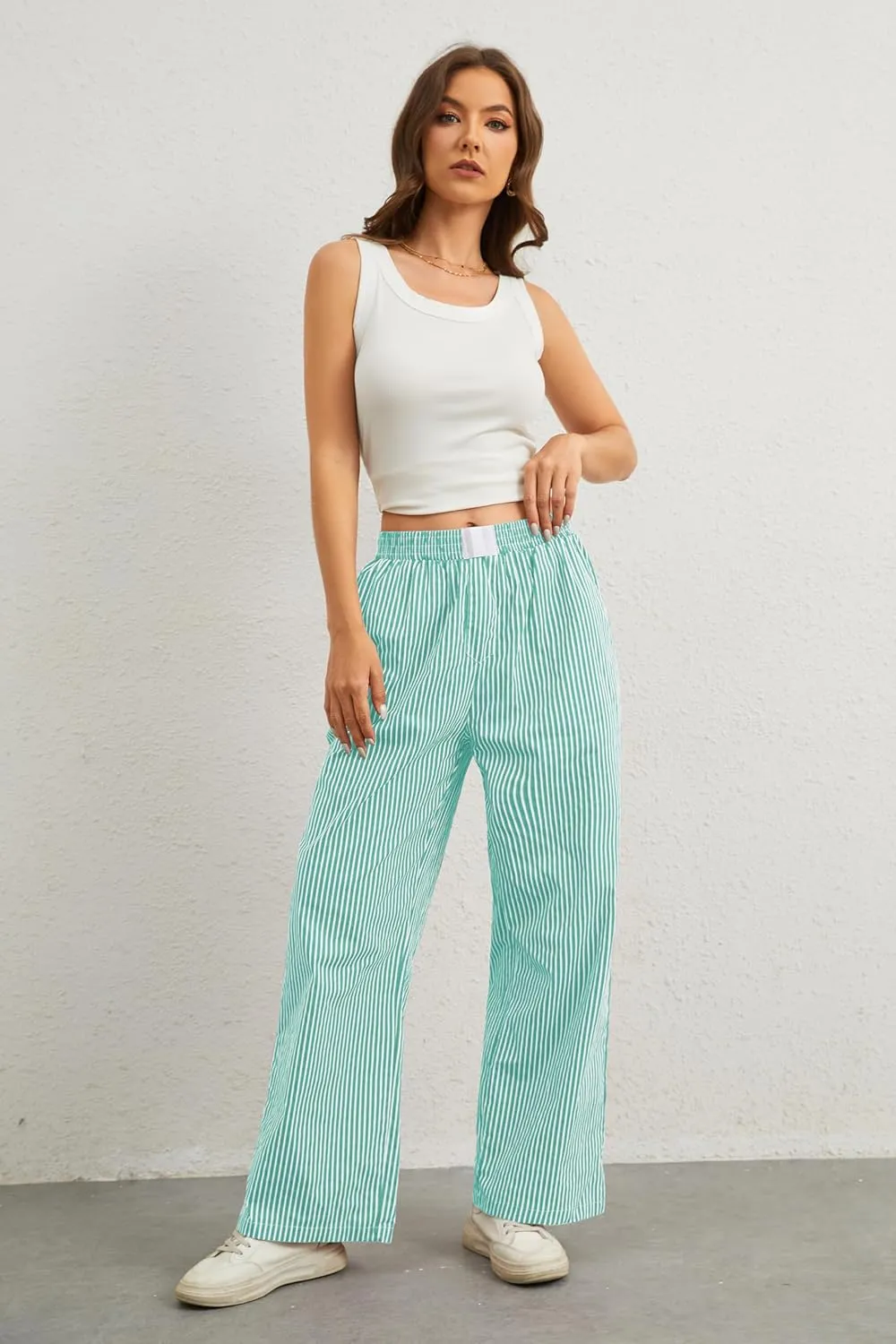 Women Elastic Waist Striped Pants Y2K Wide Leg Striped Print Trousers Low Waist Striped Lounge Pants with Pockets