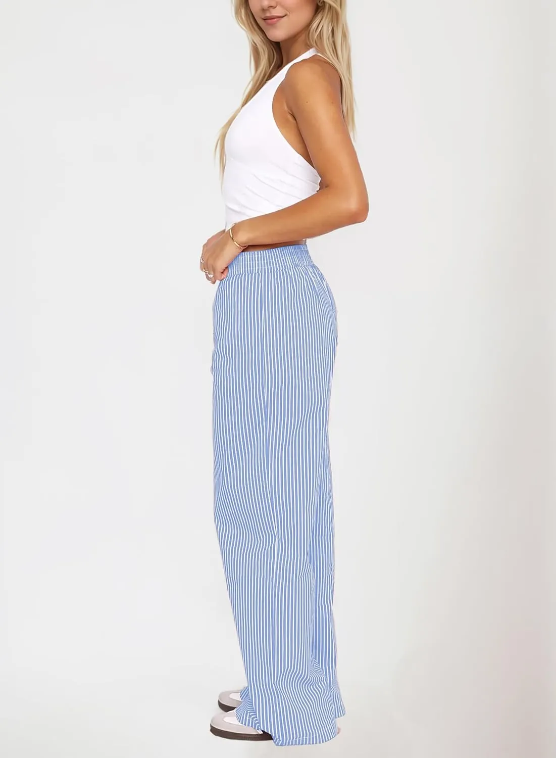 Women Elastic Waist Striped Pants Y2K Wide Leg Striped Print Trousers Low Waist Striped Lounge Pants with Pockets