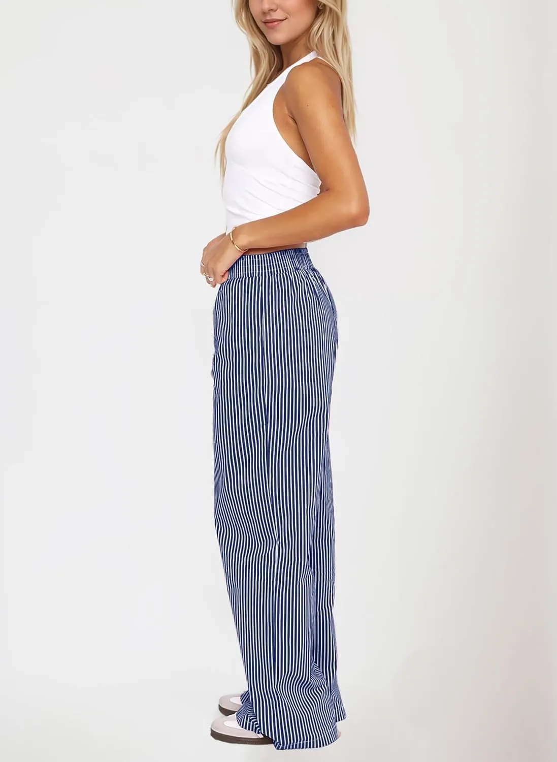 Women Elastic Waist Striped Pants Y2K Wide Leg Striped Print Trousers Low Waist Striped Lounge Pants with Pockets