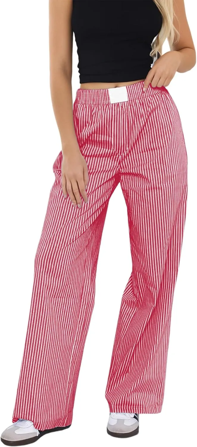 Women Elastic Waist Striped Pants Y2K Wide Leg Striped Print Trousers Low Waist Striped Lounge Pants with Pockets