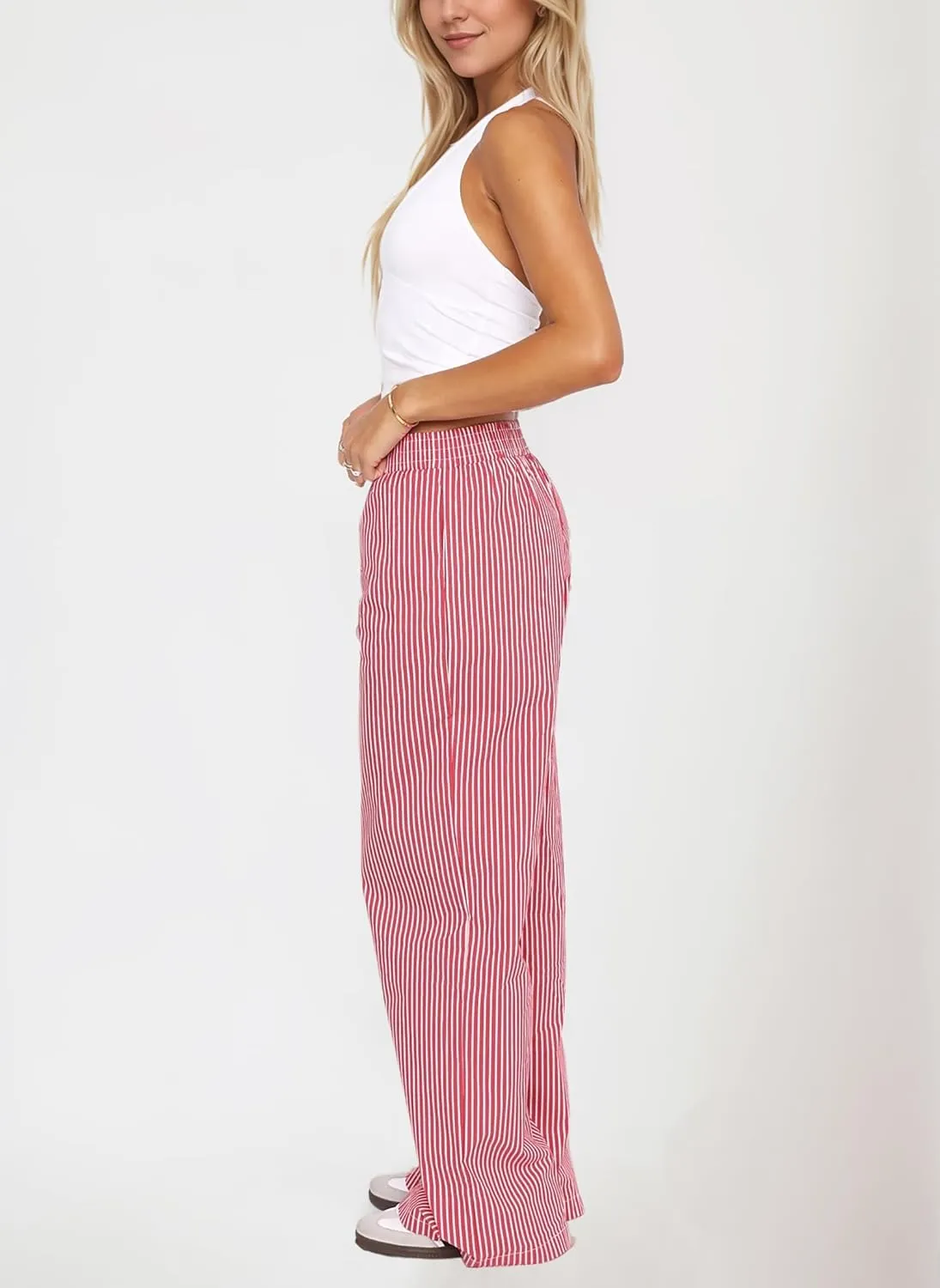 Women Elastic Waist Striped Pants Y2K Wide Leg Striped Print Trousers Low Waist Striped Lounge Pants with Pockets