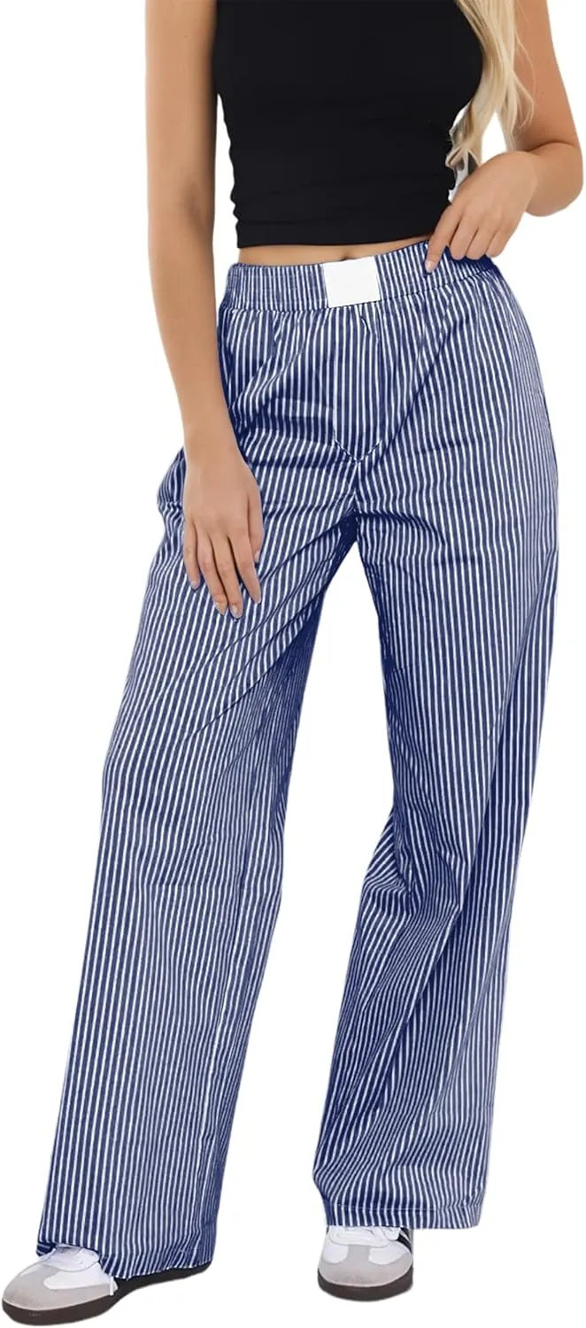 Women Elastic Waist Striped Pants Y2K Wide Leg Striped Print Trousers Low Waist Striped Lounge Pants with Pockets
