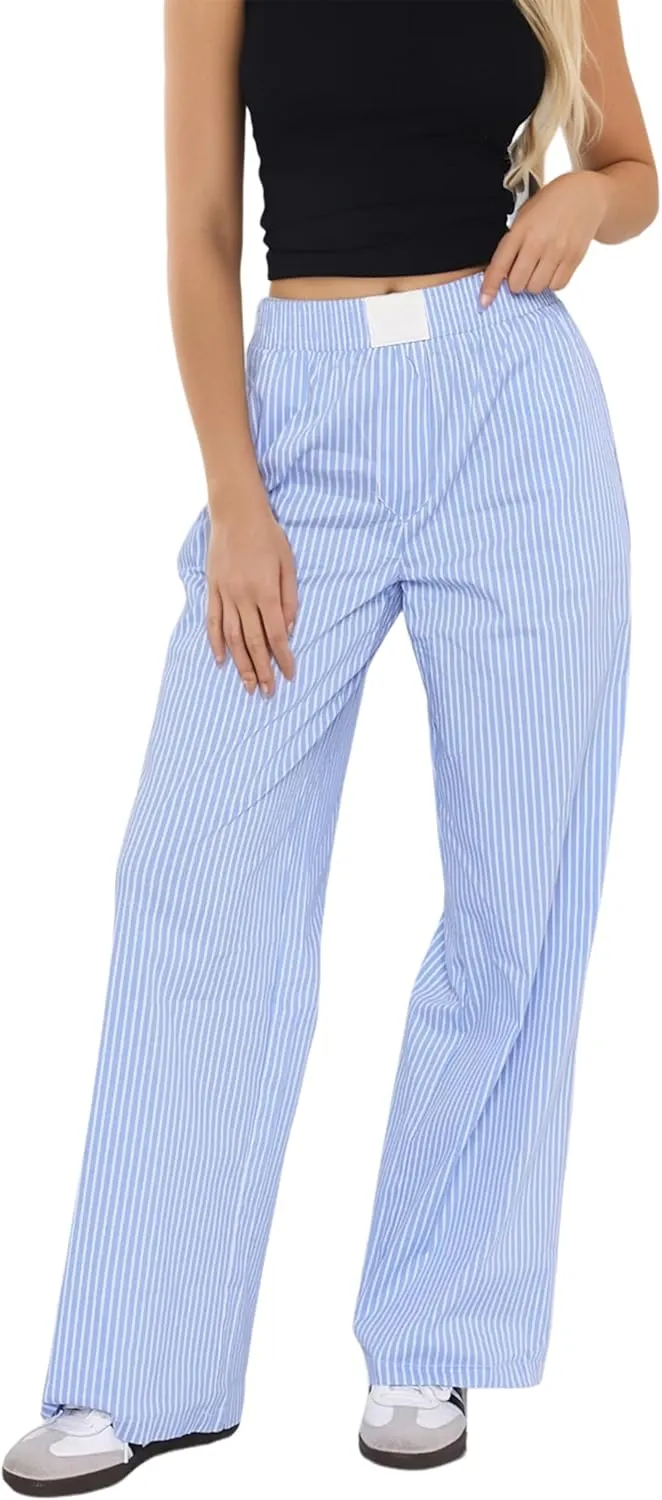 Women Elastic Waist Striped Pants Y2K Wide Leg Striped Print Trousers Low Waist Striped Lounge Pants with Pockets