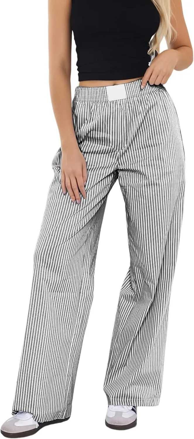 Women Elastic Waist Striped Pants Y2K Wide Leg Striped Print Trousers Low Waist Striped Lounge Pants with Pockets