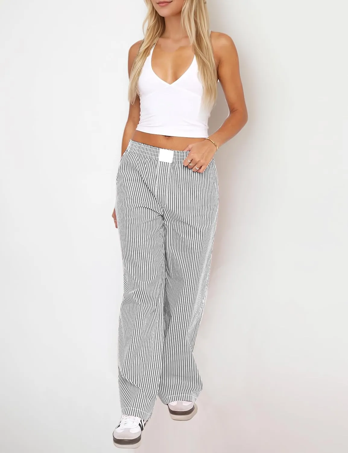Women Elastic Waist Striped Pants Y2K Wide Leg Striped Print Trousers Low Waist Striped Lounge Pants with Pockets