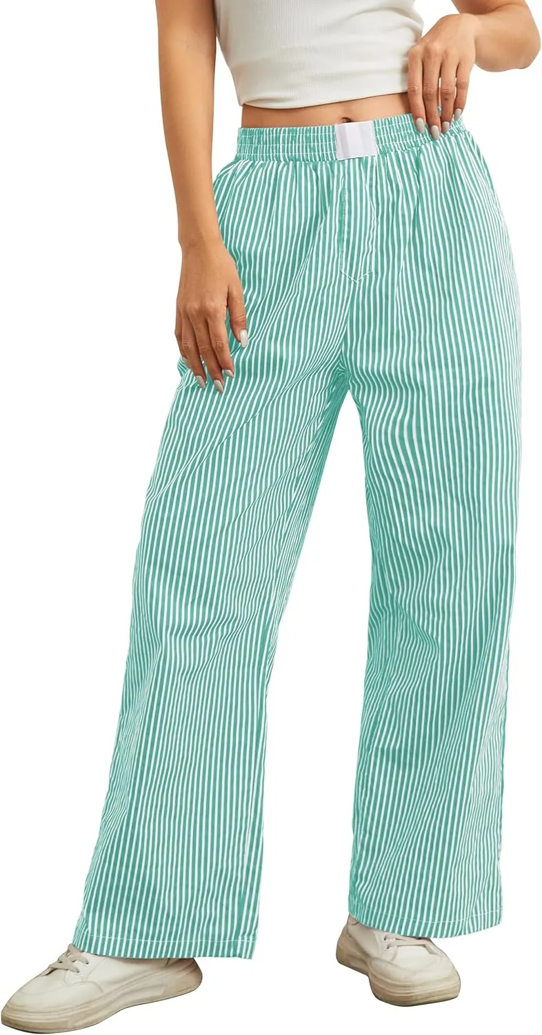 Women Elastic Waist Striped Pants Y2K Wide Leg Striped Print Trousers Low Waist Striped Lounge Pants with Pockets