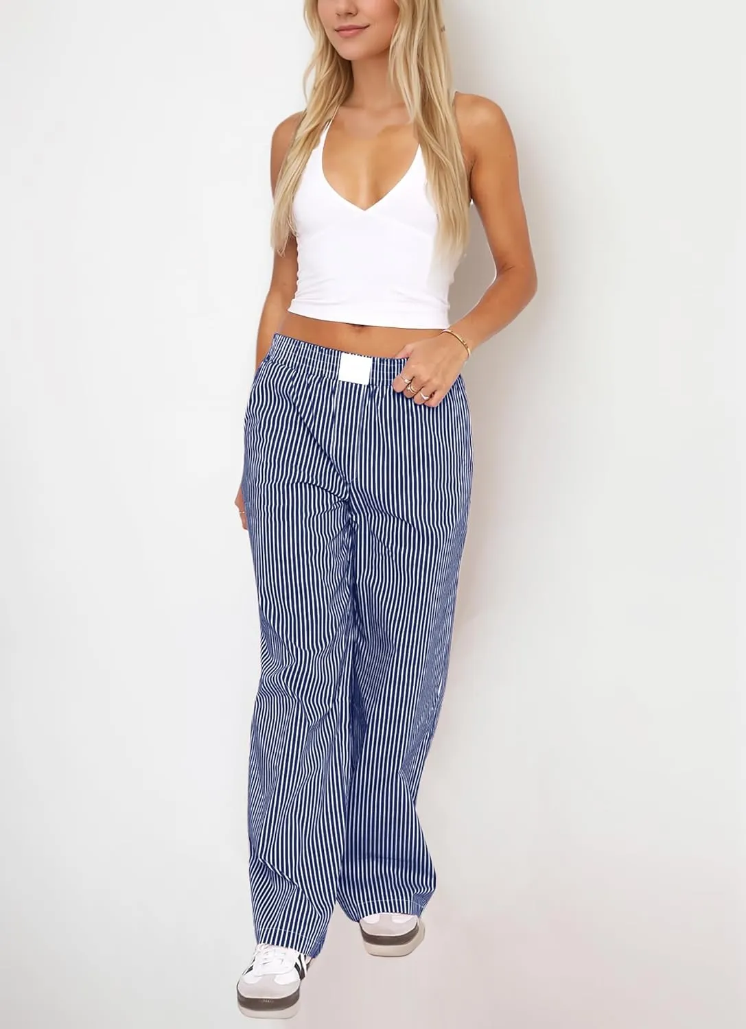Women Elastic Waist Striped Pants Y2K Wide Leg Striped Print Trousers Low Waist Striped Lounge Pants with Pockets