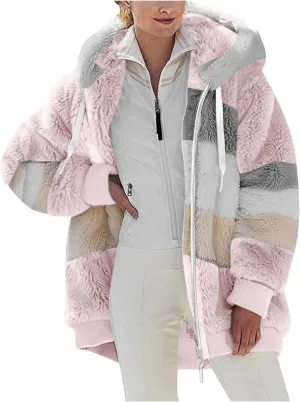 Women Faux Fur Zip Up Hoodies Sherpa Lined Winter Jackets Warm Plush Coat Oversized Fleece Warm Hoodie Outwear