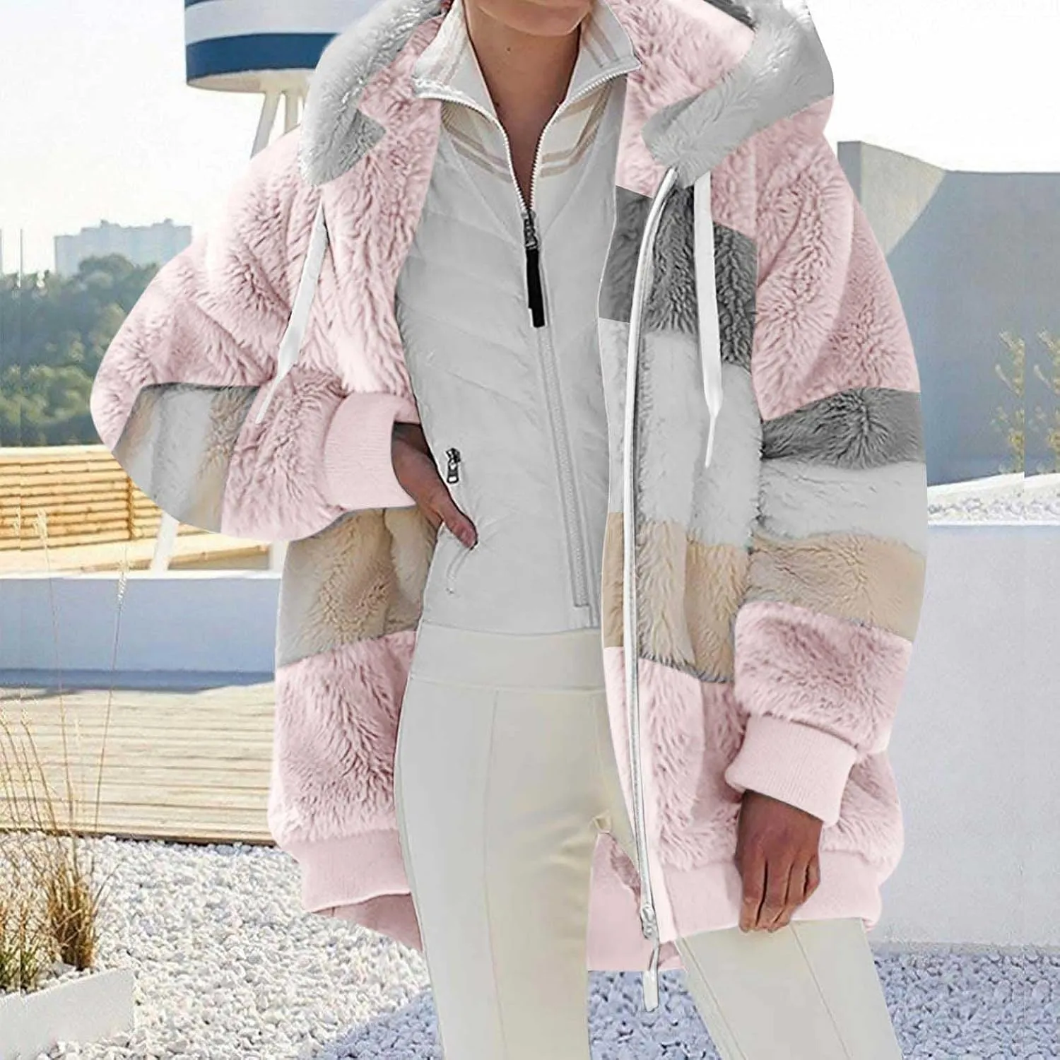 Women Faux Fur Zip Up Hoodies Sherpa Lined Winter Jackets Warm Plush Coat Oversized Fleece Warm Hoodie Outwear