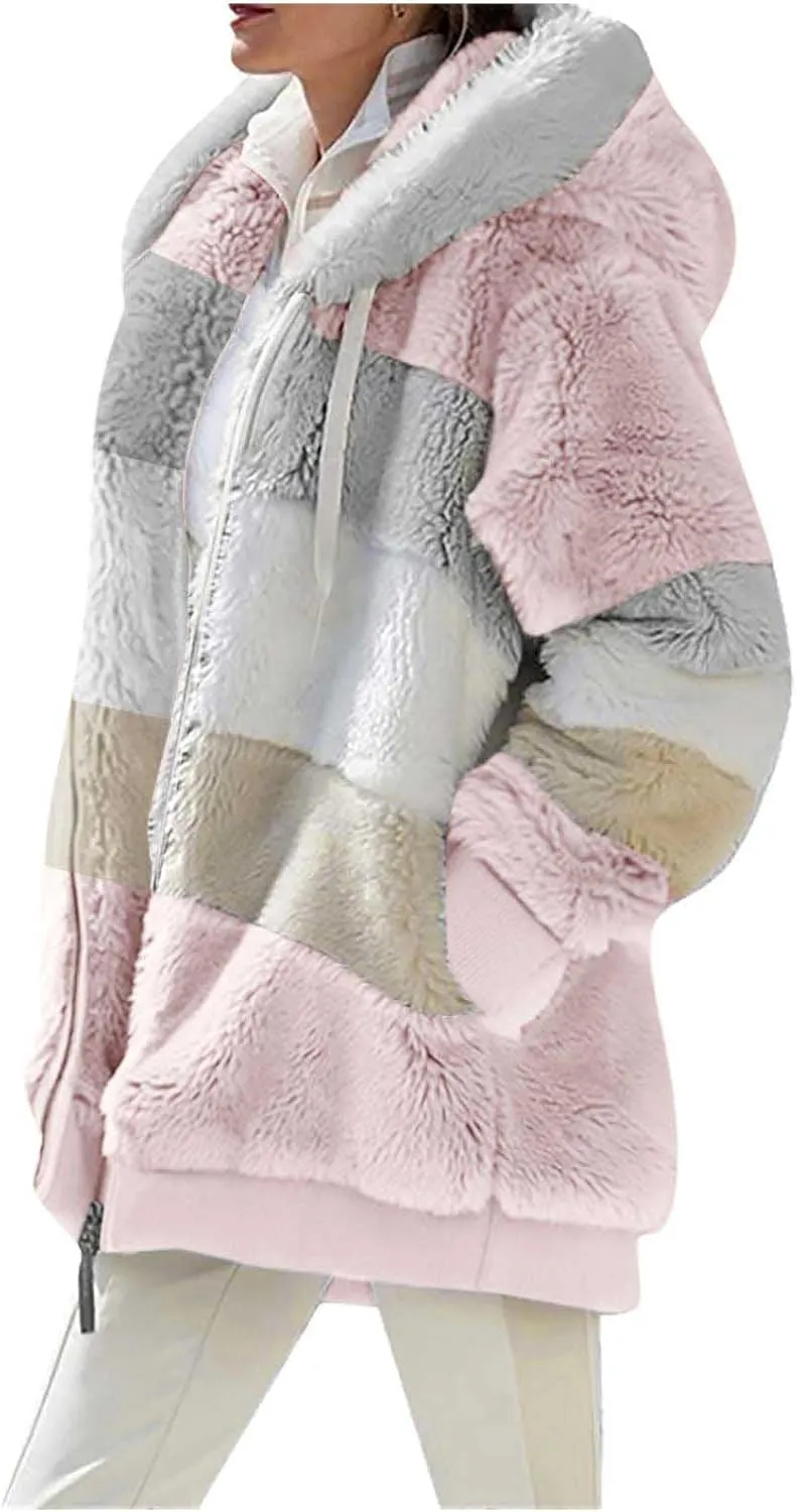 Women Faux Fur Zip Up Hoodies Sherpa Lined Winter Jackets Warm Plush Coat Oversized Fleece Warm Hoodie Outwear
