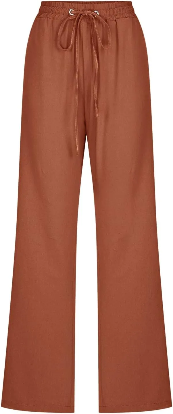 Women High Waisted Wide Leg Pants Casual Drawstring Elastic Trousers Comfy Straight Leg Long Pants with Pockets