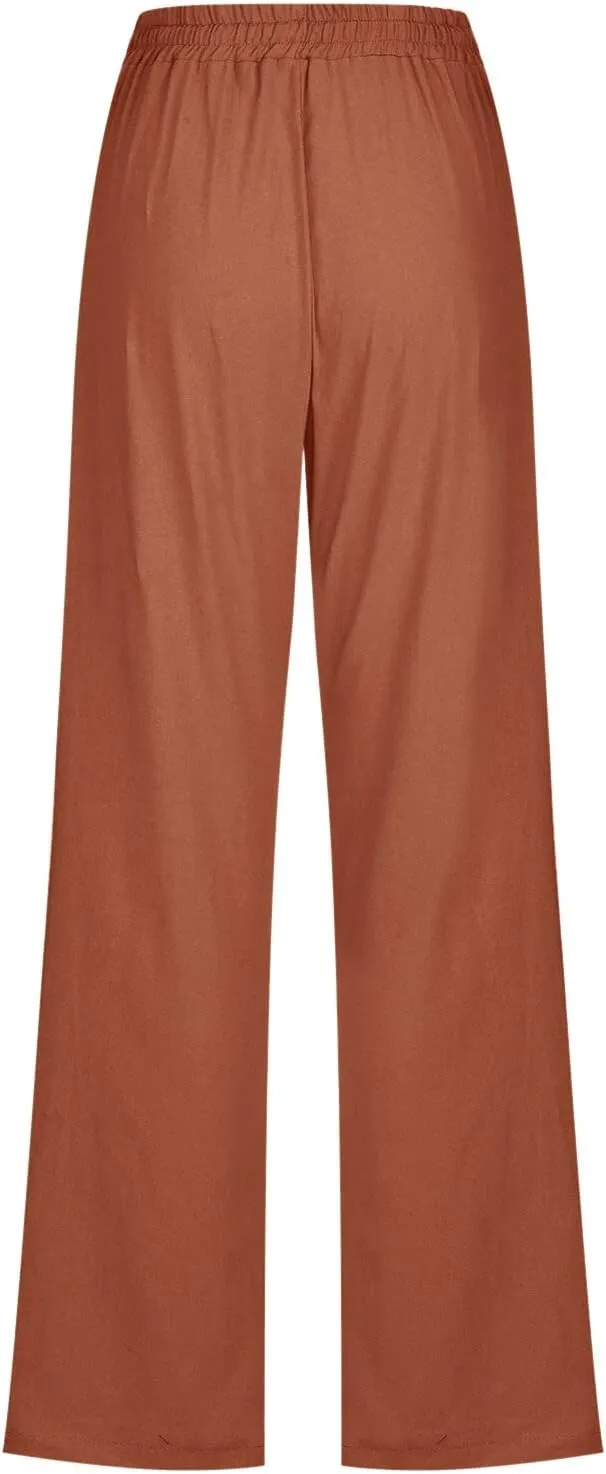 Women High Waisted Wide Leg Pants Casual Drawstring Elastic Trousers Comfy Straight Leg Long Pants with Pockets