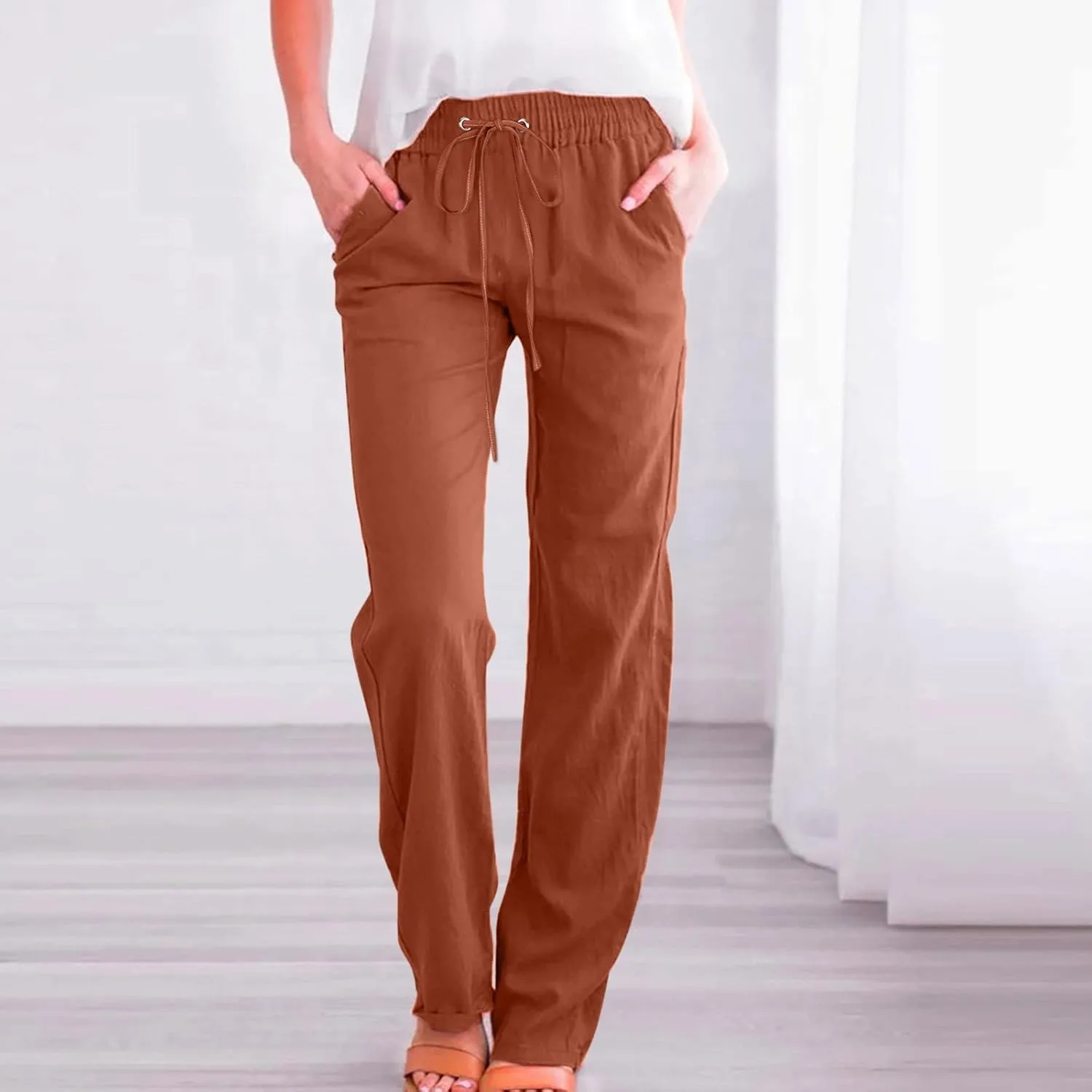 Women High Waisted Wide Leg Pants Casual Drawstring Elastic Trousers Comfy Straight Leg Long Pants with Pockets