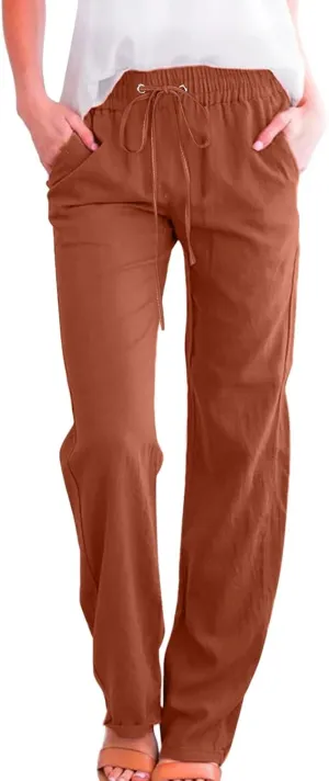 Women High Waisted Wide Leg Pants Casual Drawstring Elastic Trousers Comfy Straight Leg Long Pants with Pockets