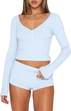 Women Knit Pajama Set Cute Long Sleeve Button Up Crop Top nd Shorts Lounge Set 2 Piece Outfits PJ Set