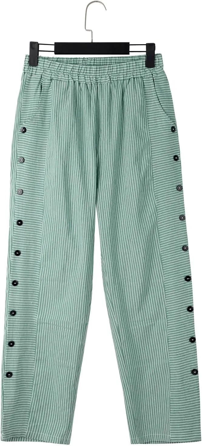 Women Linen Pants Casual Loose Elastic Waist Side Back Four Pockets 9/10 Pants Summer Beach Vacation Clothes for