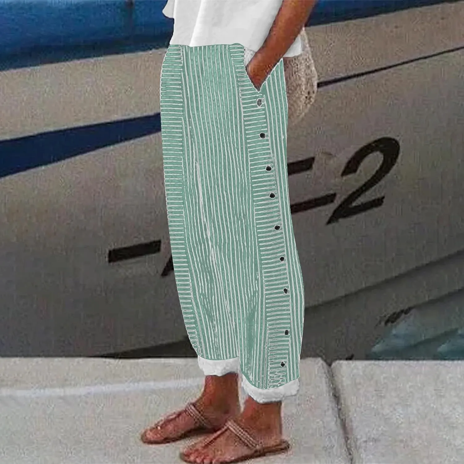 Women Linen Pants Casual Loose Elastic Waist Side Back Four Pockets 9/10 Pants Summer Beach Vacation Clothes for