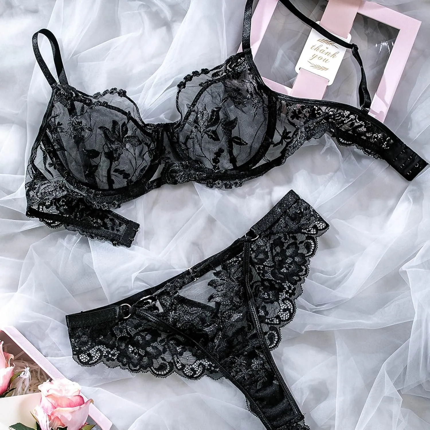 Women Lingerie Set Lace Bralette and Panty Set Strappy Lace Floral Print See Through Two Piece Sets Exotic Lingerie