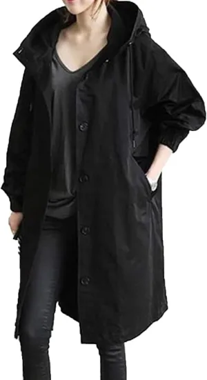 Women Long Raincoat Waterproof Hooded Trench Coats Button Up Windbreaker Travel S-5XL,Rain Jacket Plus Size