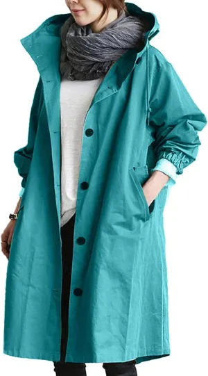 Women Long Raincoat Waterproof Hooded Trench Coats Button Up Windbreaker Travel S-5XL,Rain Jacket Plus Size