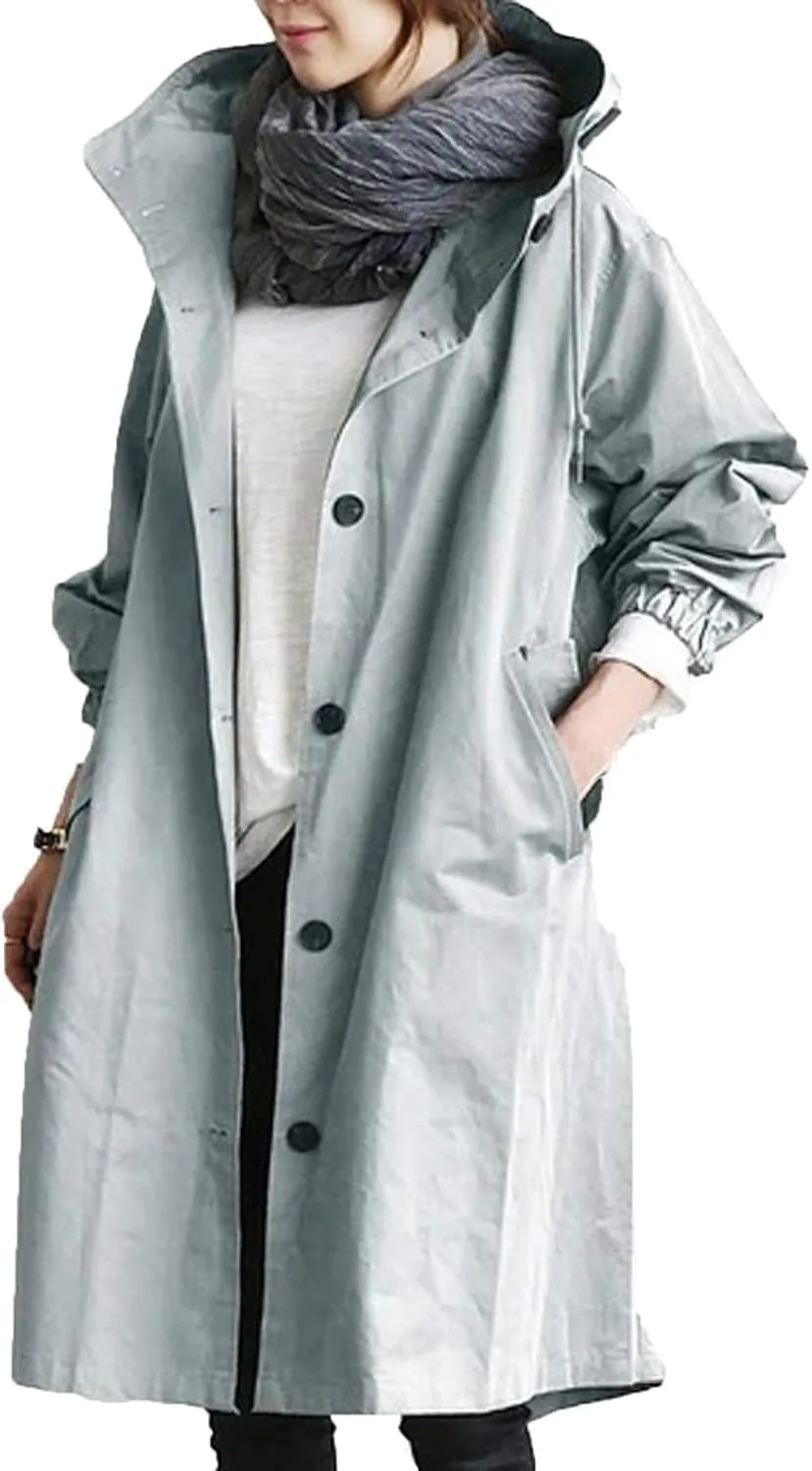 Women Long Raincoat Waterproof Hooded Trench Coats Button Up Windbreaker Travel S-5XL,Rain Jacket Plus Size