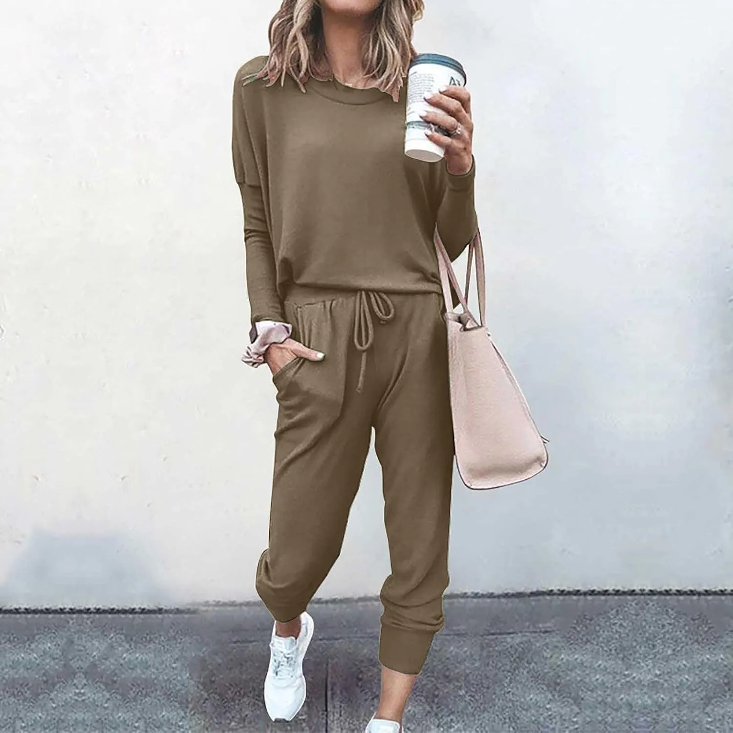 Women Pajama Set Women Fashion O-Neck Solid Pullover Long Sleeve Loose Pants Sweatsuits Ladies Pjs Sets with Pockets
