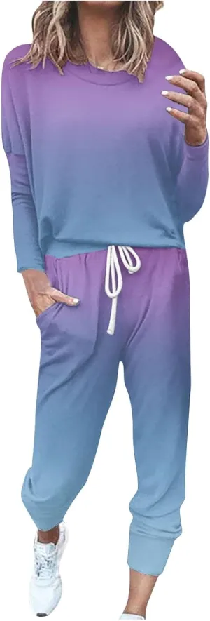 Women Pajama Set Women Fashion O-Neck Solid Pullover Long Sleeve Loose Pants Sweatsuits Ladies Pjs Sets with Pockets