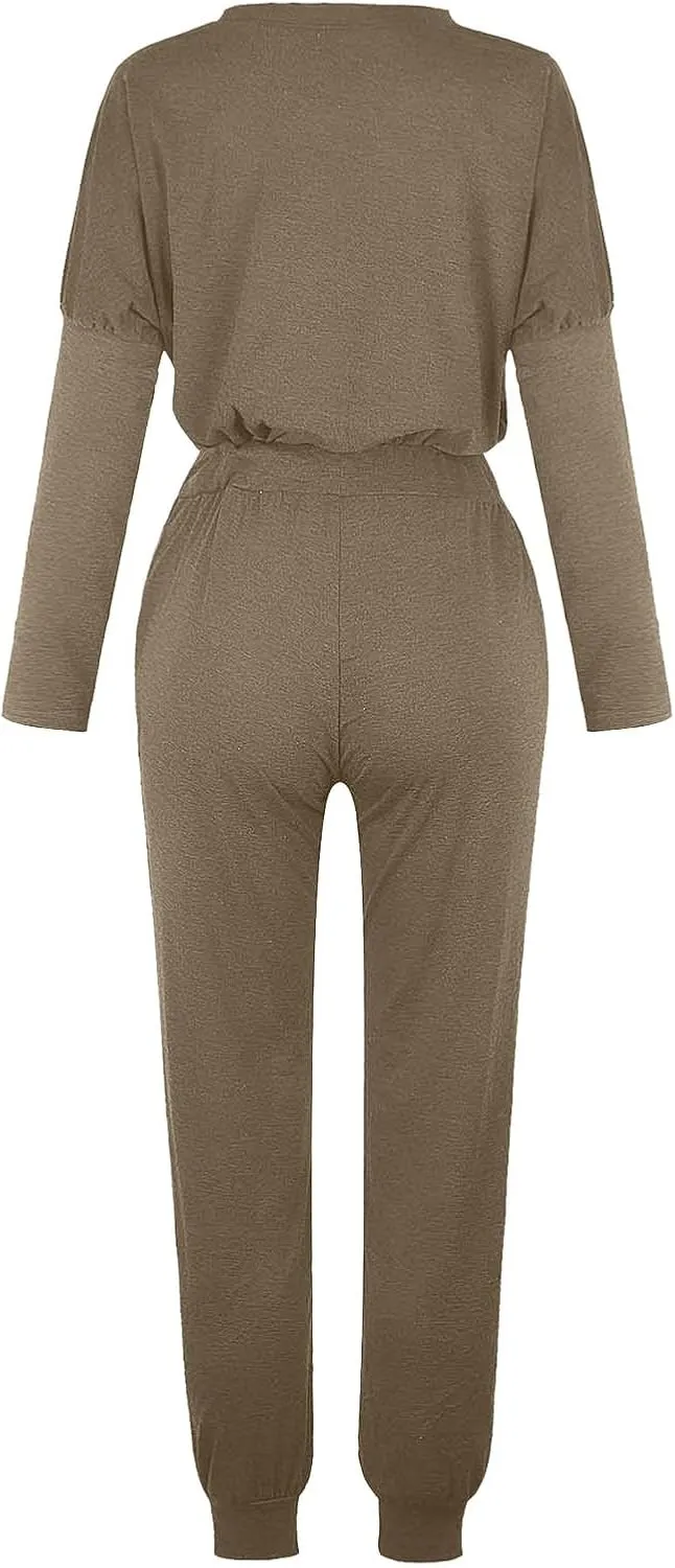 Women Pajama Set Women Fashion O-Neck Solid Pullover Long Sleeve Loose Pants Sweatsuits Ladies Pjs Sets with Pockets