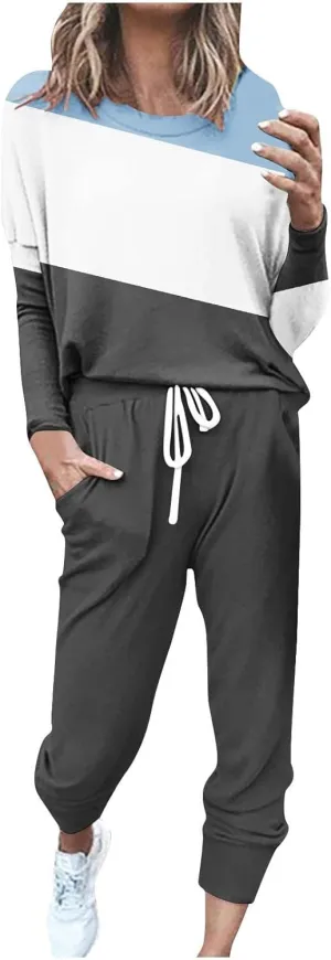 Women Pajama Set Women Fashion O-Neck Solid Pullover Long Sleeve Loose Pants Sweatsuits Ladies Pjs Sets with Pockets