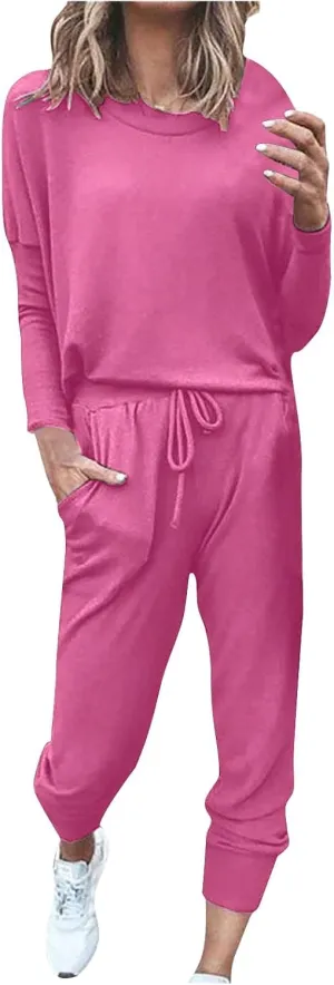 Women Pajama Set Women Fashion O-Neck Solid Pullover Long Sleeve Loose Pants Sweatsuits Ladies Pjs Sets with Pockets