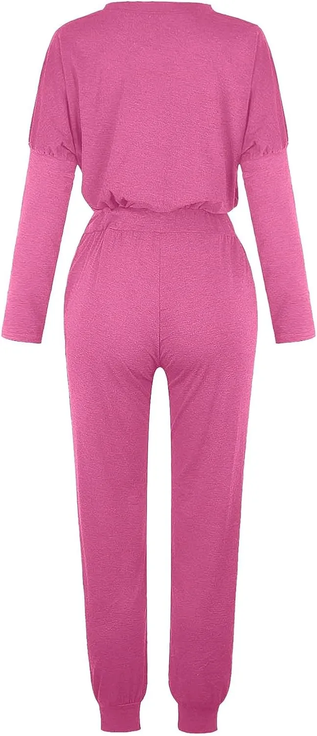 Women Pajama Set Women Fashion O-Neck Solid Pullover Long Sleeve Loose Pants Sweatsuits Ladies Pjs Sets with Pockets