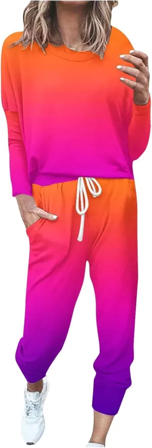 Women Pajama Set Women Fashion O-Neck Solid Pullover Long Sleeve Loose Pants Sweatsuits Ladies Pjs Sets with Pockets