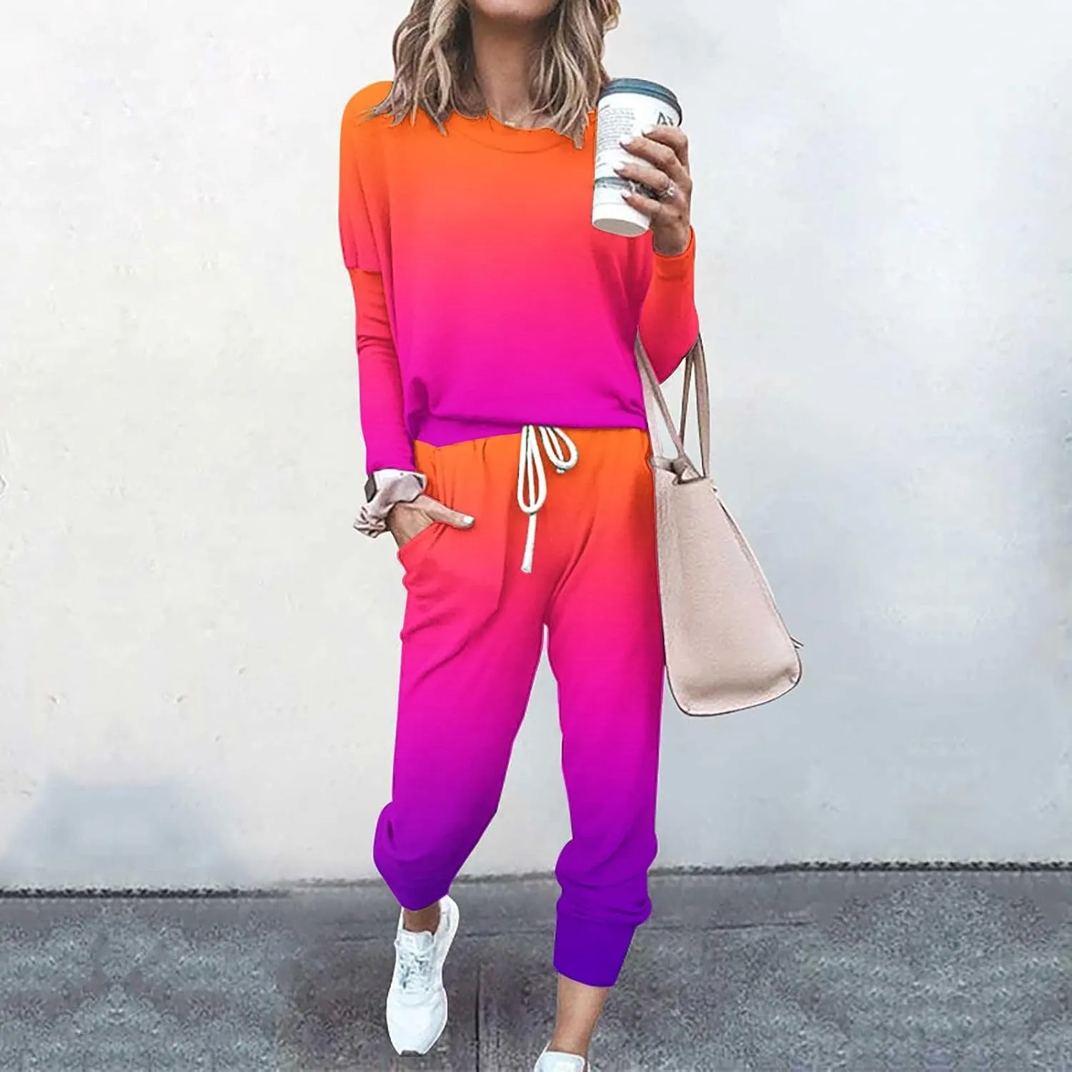 Women Pajama Set Women Fashion O-Neck Solid Pullover Long Sleeve Loose Pants Sweatsuits Ladies Pjs Sets with Pockets