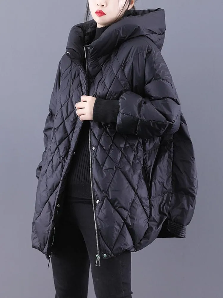 Women Plaid Big Size Warm Down Jacket Hooded Long Sleeve Warm Women Parkas
